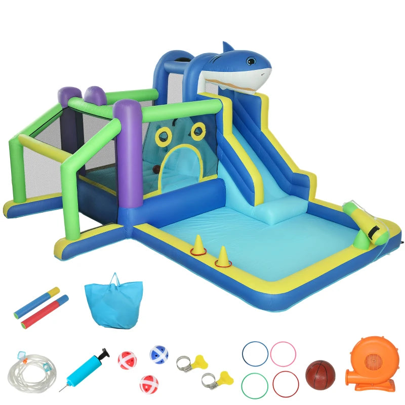 AIYAPLAY Gonfiabile Tema Squali con Scivolo, Piscina/Piscina Palline per Divertimento Bambini all'Aperto