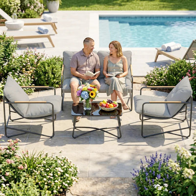 Outsunny Salotto da Giardino 4 Posti con Divanetto 2 Posti e 2 Poltrone con Cuscini, Grigio Chiaro