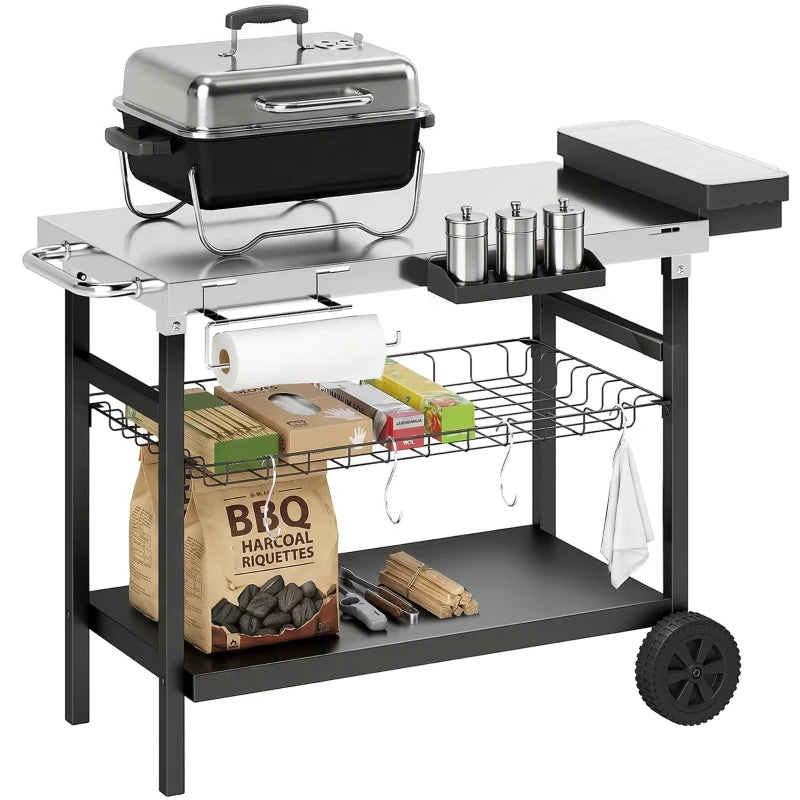 Outsunny Carrello Barbecue da Esterno con Piano in Acciaio Inossidabile, Porta Spezie, Ganci e Maniglia Laterale, Nero