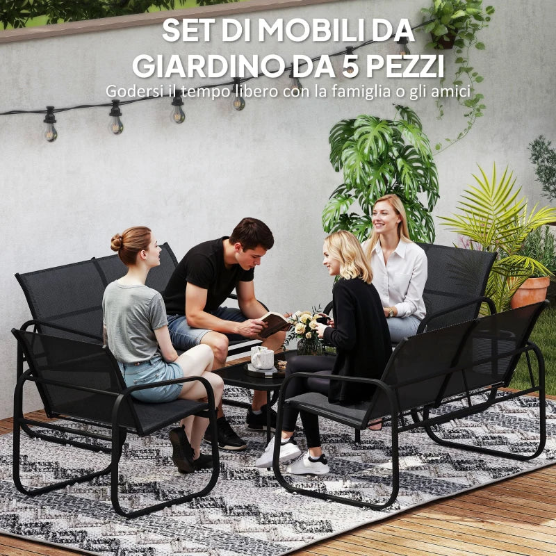 Outsunny Set da Giardino con 2 Divani 2 Posti, 2 Poltrone e un Tavolino da Caffè con Piano in Vetro, Nero