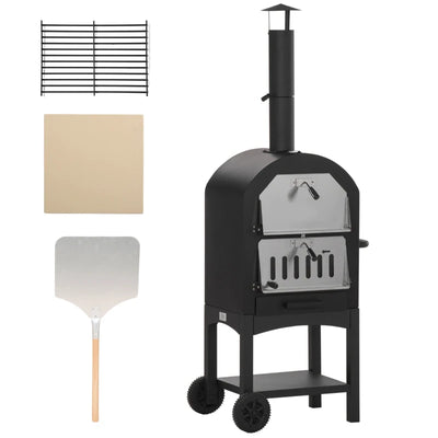 Outsunny Forno per Pizza e Barbecue a Carbone Portatile in Acciaio con Camino e Ruote, 63x54x161 cm, Nero