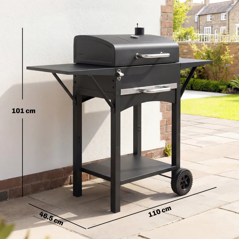 Outsunny Barbecue a Carbone con 2 Ripiani Laterali, Termometro, Coperchio e Ruote, 110x46.5x101 cm, Nero