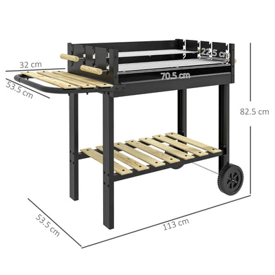 Outsunny Barbecue a Carbonella ad Altezza Regolabile con 2 Griglie e 2 Ripiani, in Metallo e Legno, 113x53.5x82.5 cm, Nera