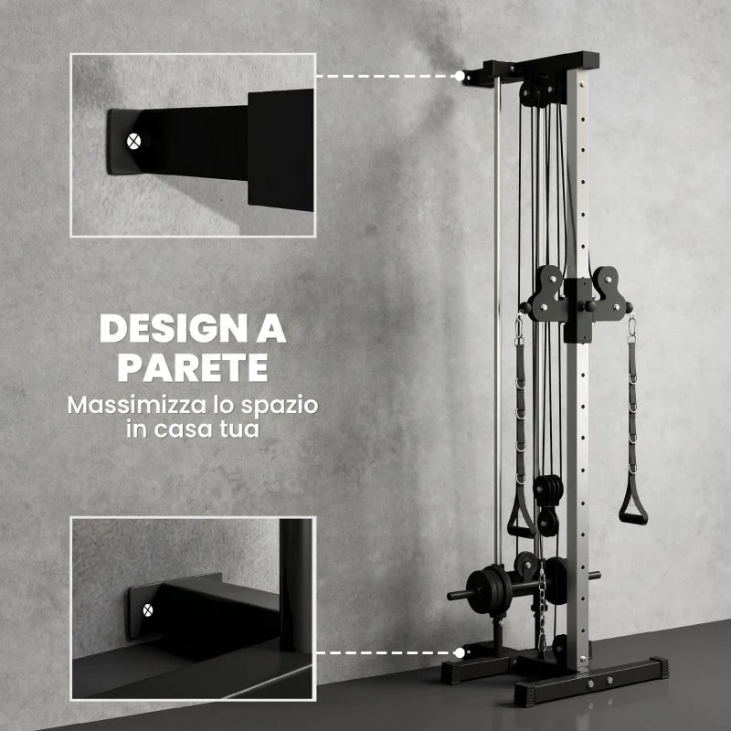 SPORTNOW Lat Machine da Parete con Pulegge Regolabili, Stazione a Cavi con Pulldown e Carico Pesi Regolabile, per Casa Palestra Multifunzione, Nero