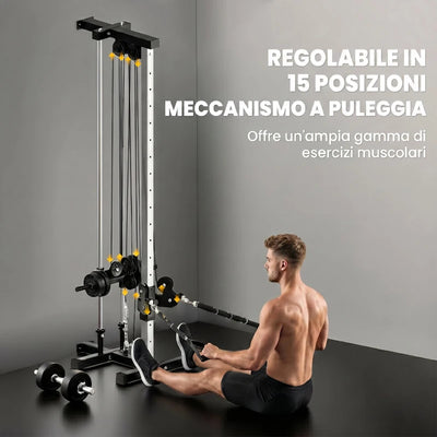 SPORTNOW Lat Machine da Parete con Pulegge Regolabili, Stazione a Cavi con Pulldown e Carico Pesi Regolabile, per Casa Palestra Multifunzione, Nero