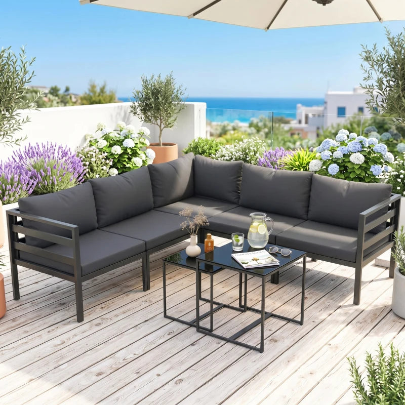 Outsunny Set da Giardino 7 Pezzi in Acciaio e Poliestere con 5 Sedie con Cuscini e 2 Tavolini da Caffè, Grigio