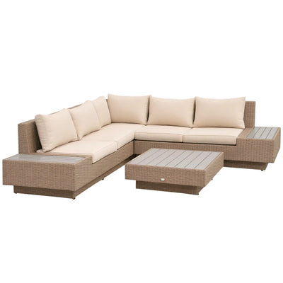 Outsunny Set da Giardino 4 Pezzi in Rattan, Divano Angolare con Cuscini e Tavolini, Nero e Marrone chiaro