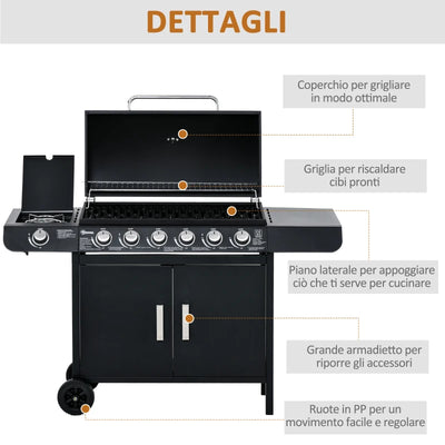 Outsunny Barbecue a Gas con Coperchio, 7 Bruciatori da 20kW, Fornello Laterale e 2 Ruote, 135x50x100 cm, Nero