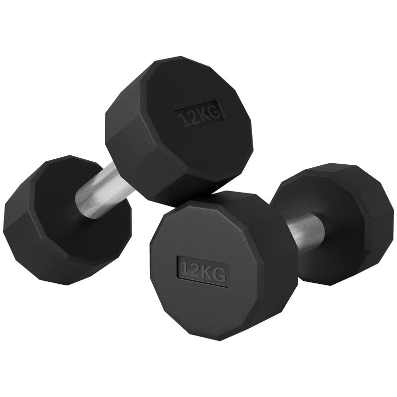 SPORTNOW Set 2 Manubri a 12 Lati da 12 kg in Metallo e Gomma con Impugnatura Antiscivolo, 26x14x14 cm, Nero