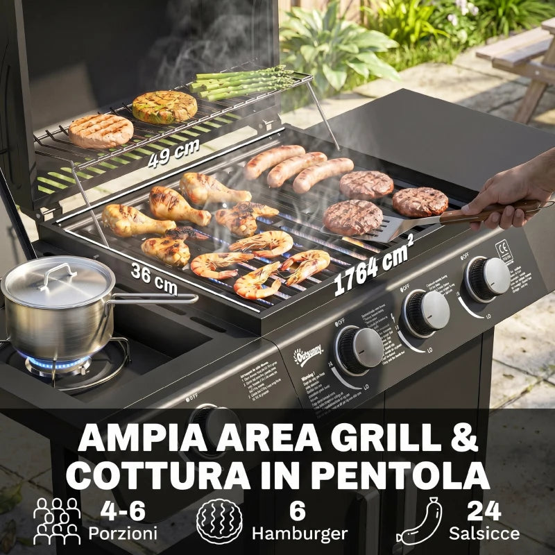 Outsunny Barbecue a Gas con Coperchio, 4 Bruciatori da 11.6kW, Fornello, Mensola e 2 Ruote, 110x50x100cm Nero