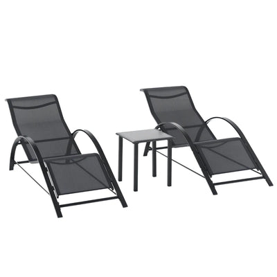 Outsunny Set 2 Lettini Prendisole e Tavolino con Ripiano, in Tessuto Traspirante e Metallo, 59x169x66 cm, Nero