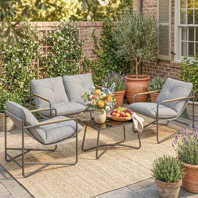 Outsunny Salotto da Giardino 4 Posti con Divanetto 2 Posti e 2 Poltrone con Cuscini, Grigio Chiaro