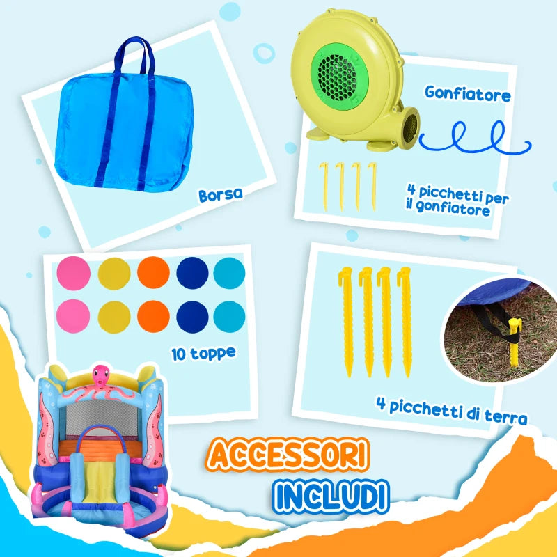 Outsunny Castello Gonfiabile Gigante e Rimbalzante per Bambini 3-8 Anni con Scivolo, Piscina e Gonfiatore 3.6x1.75x1.8m