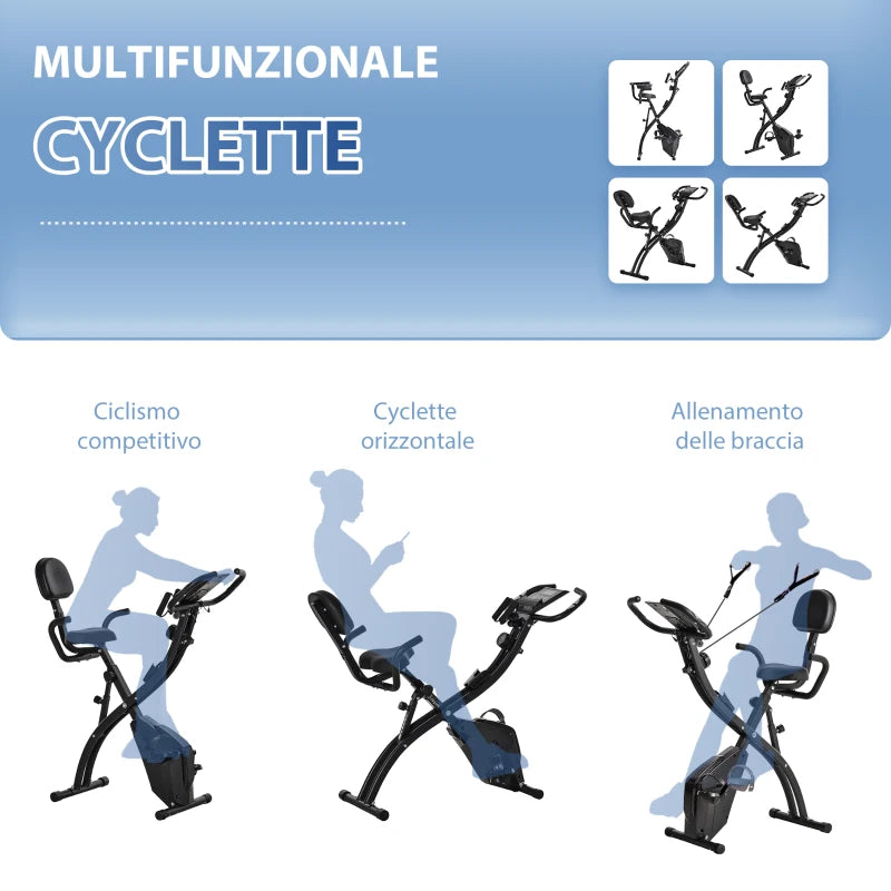 HOMCOM Cyclette Pieghevole 2 in 1, Resistenza Magnetica Regolabile 8 Livelli, Cyclette da Casa Silenziosa con Sensore Cardiaco, Sedile Regolabile, Bande Elastici, Schermo LCD, Ruote, Nero
