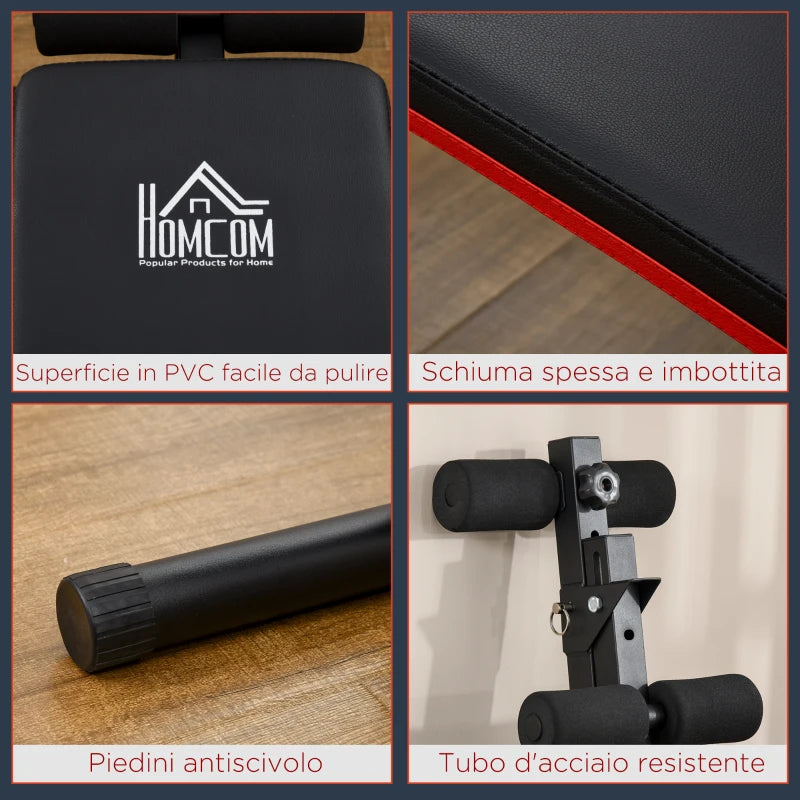 Panca per Addominali Pieghevole e Regolabile con Schienale Imbottito, 47x139x51-69cm, Nero e Rosso