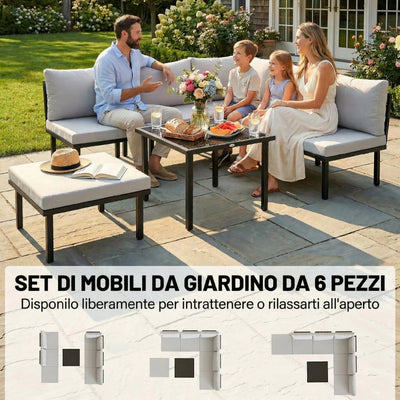 Outsunny Set Mobili Giardino Metallo 6 Persone, Divano Angolare Cuscini, Grigio Chiaro