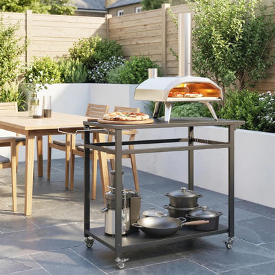 Outsunny Carrello Barbecue, 2 Ripiani, Supporto Pizza, Portasacchi e Ganci, Nero.
