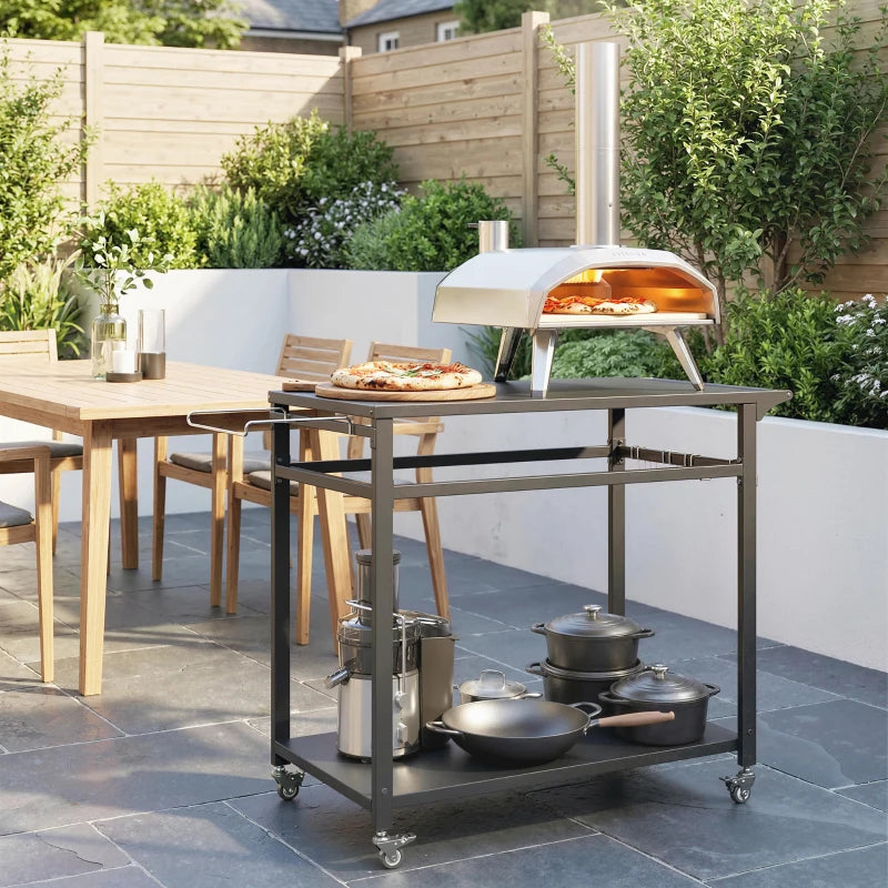 Outsunny Carrello Barbecue, 2 Ripiani, Supporto Pizza, Portasacchi e Ganci, Nero.
