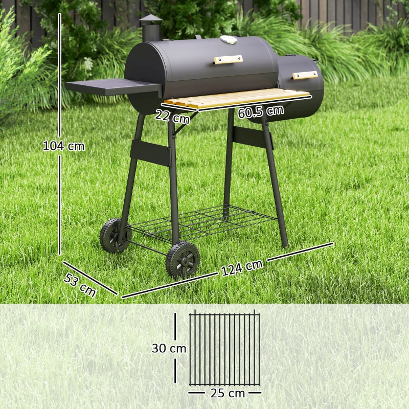 Outsunny Barbecue a Carbone con Coperchio e Affumicatore, BBQ da Giardino con Ripiani e Ruote 124x53x104 cm, Nero