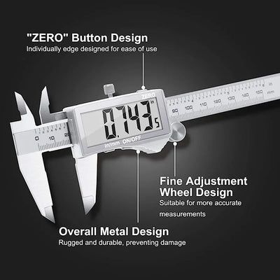 Digital Metric Caliper - 150 mm/6" inch Digital Metric Gauge, Stainless Steel, Spill Resistant, with LCD Screen, Accurate and Spare Battery