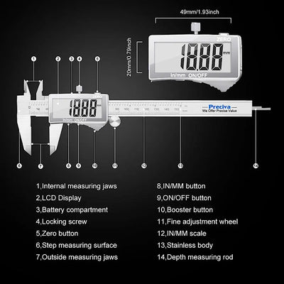Digital Metric Caliper - 150 mm/6" inch Digital Metric Gauge, Stainless Steel, Spill Resistant, with LCD Screen, Accurate and Spare Battery
