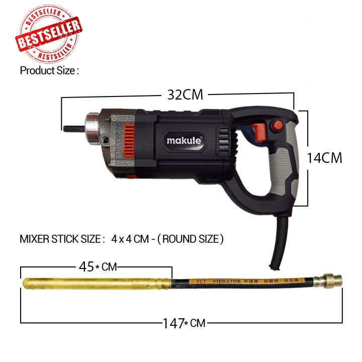 Concrete Vibrator - 960w, Electric Cement Mixer 3/4 HP, Heavy Duty, Remove Air Bubbles