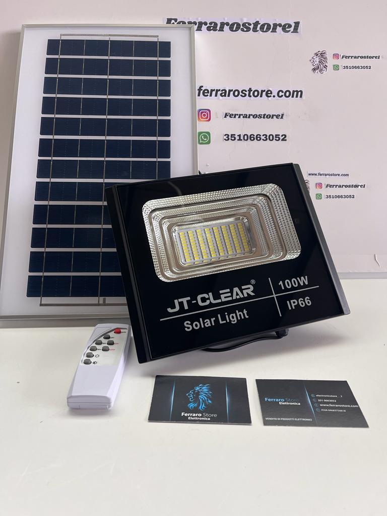 Faro Led 100w - IP66 Faro con Pannello Solare, Telecomando incluso, Luce Fredda, Energia Crepuscolare.