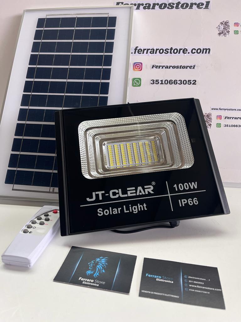 Faro Led 100w - IP66 Faro con Pannello Solare, Telecomando incluso, Luce Fredda, Energia Crepuscolare.