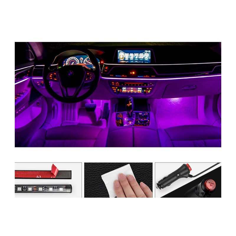 Luci Ambiente Adesiva Auto - Interni Auto RGB, 4 Strip Luminose, Adesive, 72LED, Impermeabile Tuning, Comando Musicale